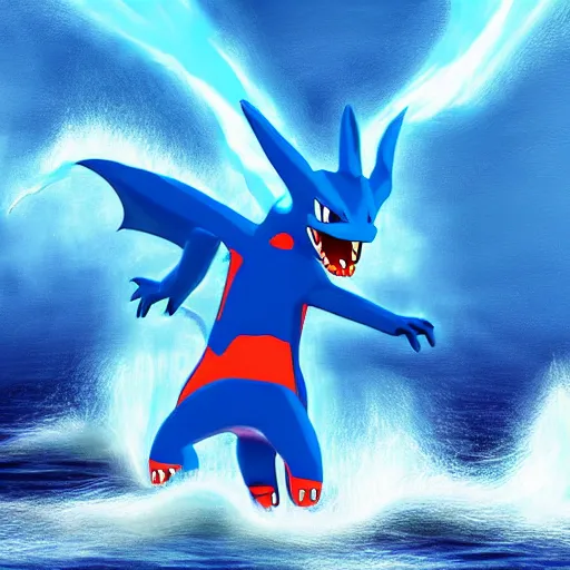 Image similar to a blue Charizard with water powers, digital art, realistic,ocean background