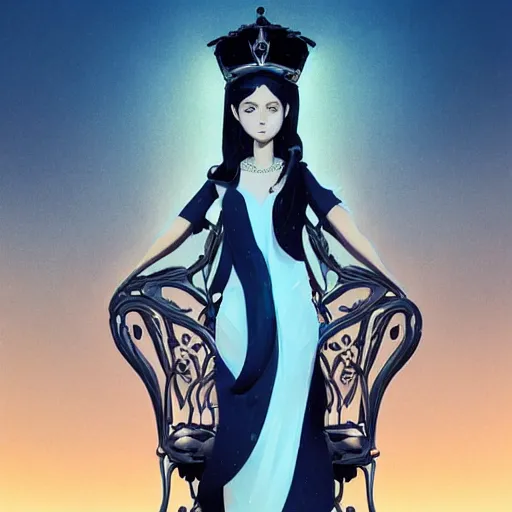 Image similar to stylized minimalist a beautiful black haired woman with pale skin and a crown on her head sitted on an intricate metal throne, loftis, cory behance hd by jesper ejsing, by rhads, makoto shinkai and lois van baarle, ilya kuvshinov, rossdraws global illumination,