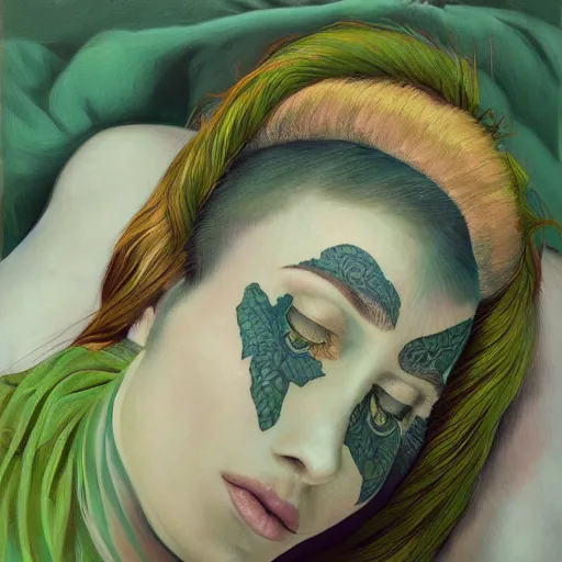 Image similar to tattoed woman with green mohawk laying in bed, intricate, elegant, highly detailed, oil canvas, symmetrical face, by gustave courbet, trending on artstation