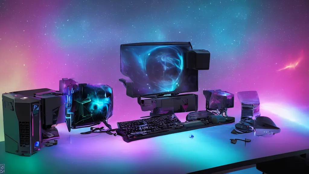 Image similar to a galactic overpowered computer. (cyan, pink, purple, orange) Overclocking, watercooling, custom computer, nebula, mat black metal, alienware, cosmic design, desktop computer, nebula, galactic, space, minimalist desk, minimalist home office, whole room, minimalist, Beautiful dramatic dark moody tones and lighting, orange neon, Ultra realistic details, cinematic atmosphere, studio lighting, shadows, starts lighting, starts, dark background, dimmed lights, industrial architecture, Octane render, realistic 3D, photorealistic rendering, 8K, 4K, computer setup, highly detailed