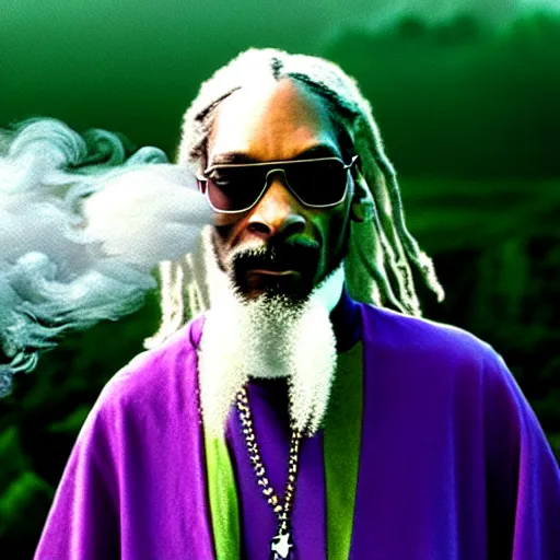 Image similar to snoop dogg with white hair and white beard as gandalf the white, exhaling a huge cloud of magical purple smoke in the vast and lush green fields of the shire, Japanese CGI, VFX, 2003, 40mm lens, shallow depth of field, film photography, volumetric lighting, highly detailed, ultrarealistic