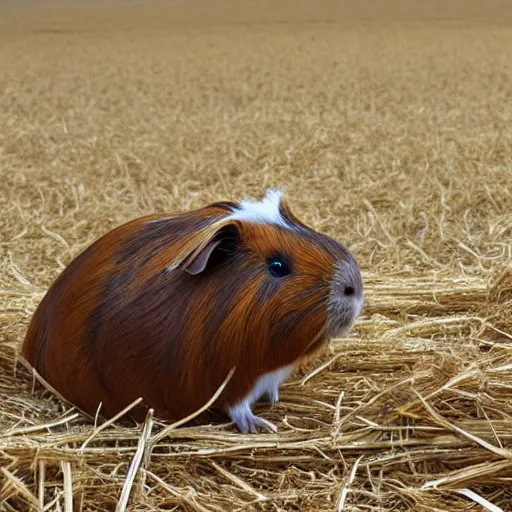 Image similar to a guinea pig with white wings flying above a field of hay,