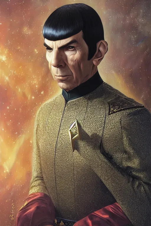 Image similar to photorealistic portrait photograph of spock as a glorious regal space king, sleek outfit, upper body, fantasy, handsome, depth of field, soft focus, highly detailed, intricate, realistic, national geographic cover, soft glow, textured, artstation, concept art, sharp focus, illustration, art by artgerm and greg rutkowski and alphonse mucha