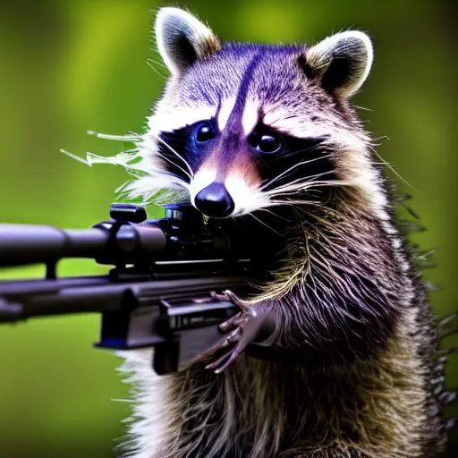 Image similar to raccoon shooting sniper rifle, photo, detailed, 4 k