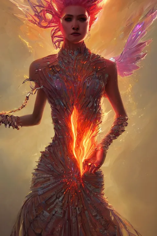 Image similar to torso closeup model wearing exploding fire crystal dress, jewels sorcerer, diamonds, angel, fantasy, dramatic lighting, highly detailed, digital painting, holding electricity, magic the gathering, hyper detailed, 3 d render, hyper realistic detailed portrait, peter mohrbacher, wlop, ruan jia