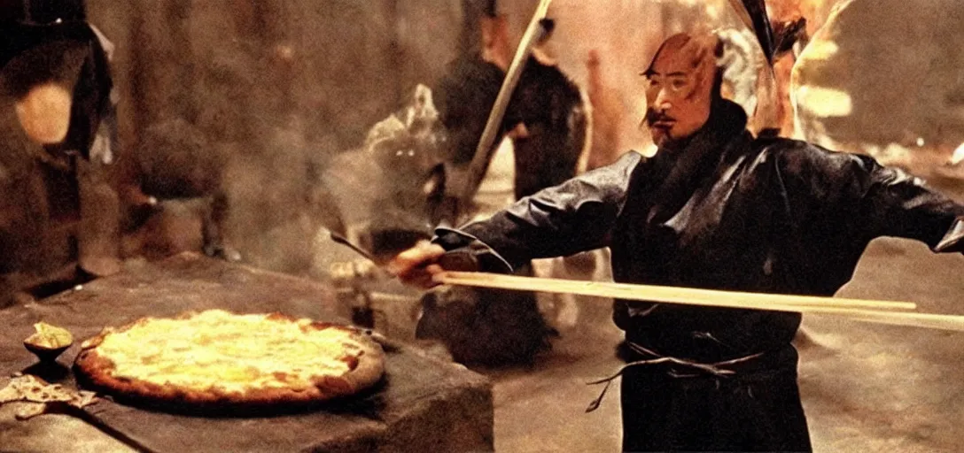 Prompt: scene from Kagemusha, 1980, movie still, cinematic, a chef using magic to make a pizza, epic,
