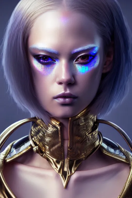 Image similar to hyperdetailed closeup portrait of a stunningly beautiful french girl androgynous made of iridescent metals, smoke, inspired by helmet newton, ross tran and wlop and masamune shirow and kuvshinov, concept art, intricate, photorealistic, octane render, rtx, hdr, unreal engine, dnd digital art by artgerm fine face