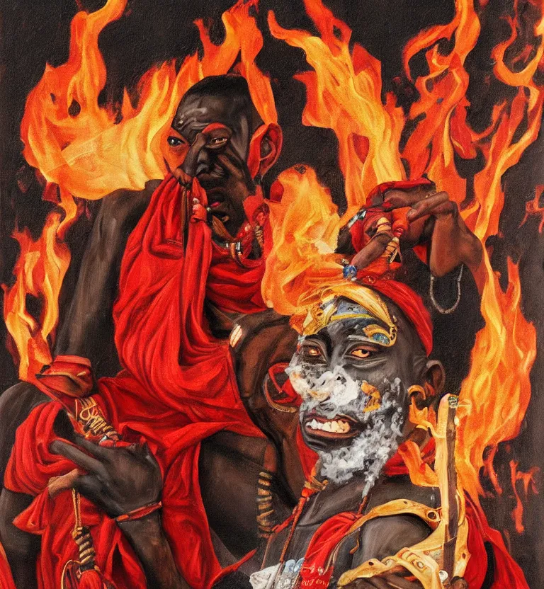 Image similar to a realistic painting of the yoruba god of the streets and paths, orisha esu, wearing red and black clothes with fire in his right hand, digital art, detailed.