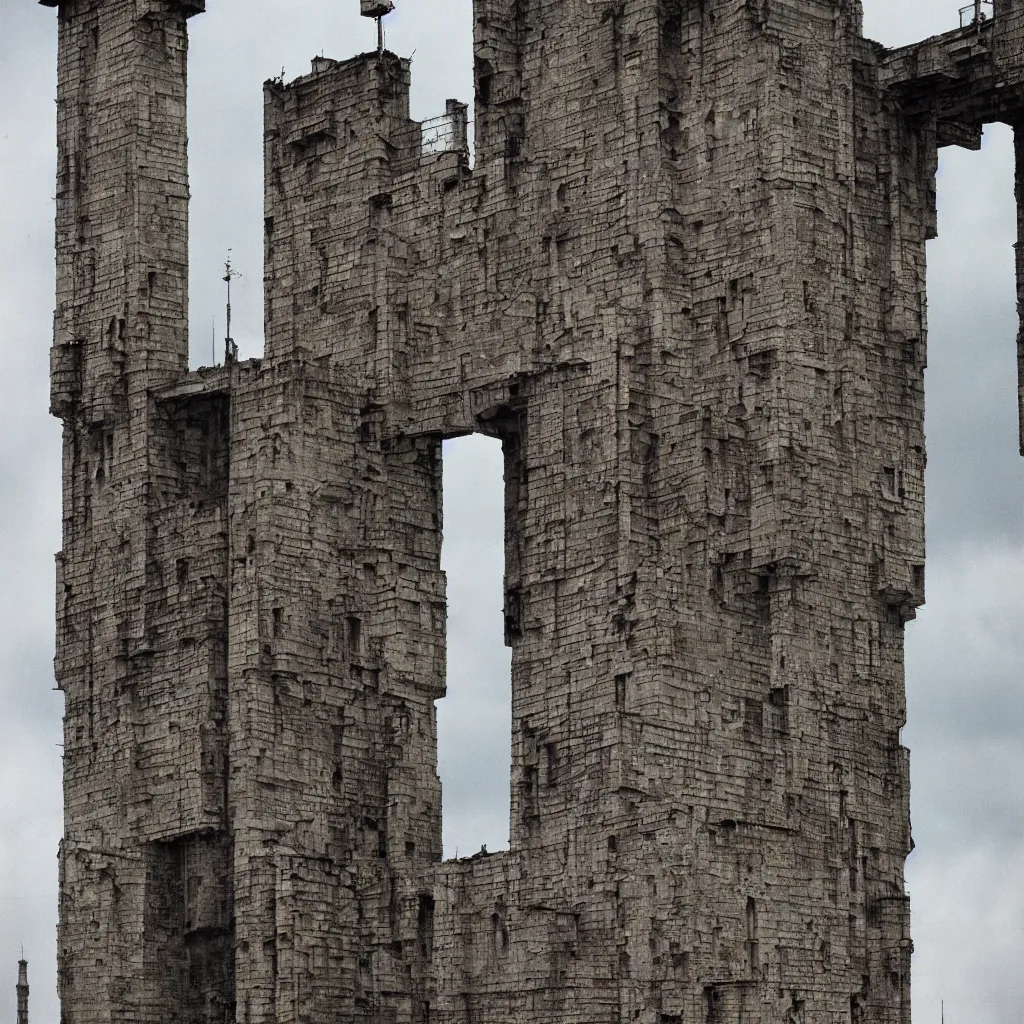 Prompt: close - up view of a tower covered by various different doors, bleached colours, moody cloudy sky, dystopia, mamiya, f 1. 8, very detailed, photographed by bruno barbey
