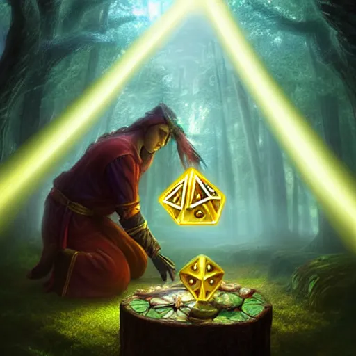 Image similar to a mythical forestmancer god rolling a d 6 dice, glowing energy, fantasy magic, by willian murai and jason chan, dramatic lighting, golden ratio, sharp focus