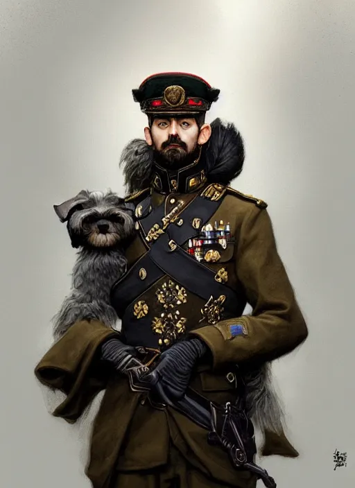 Image similar to portrait of stoic looking miniature schnauzer, military uniform, black fir, white eyebrows, fantasy, intricate, elegant, highly detailed, centered, dark, smokey, digital painting, artstation, concept art, smooth, sharp focus, illustration, art by artgerm and greg rutkowski and alphonse mucha