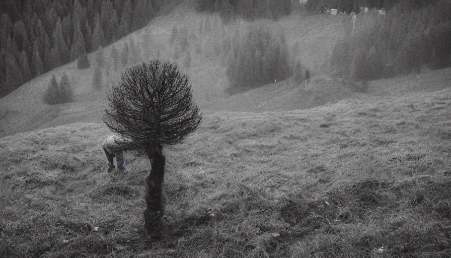 Prompt: tyrolean farmer transforming into a tree, alpine forest, dolomites, muted, bleak, funereal, somber, melancholic, mournful, gloomy, dismal, sad, pale, washed-out, desaturated, grey, subdued, dull, dreary, depressing, weary, tired