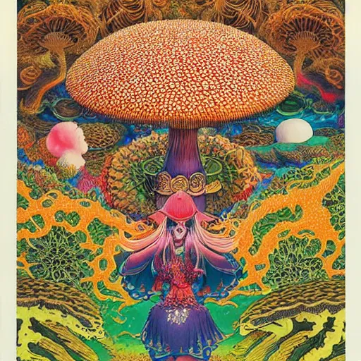Image similar to a japanese psychedelic love goddess, a sense of awe, offering mushrooms, illustration, slime, amanita - muscaria, insanely detailed and intricate, hypermaximalist, elegant, ornate, hyper realistic, super detailed, by tadanori yokoo