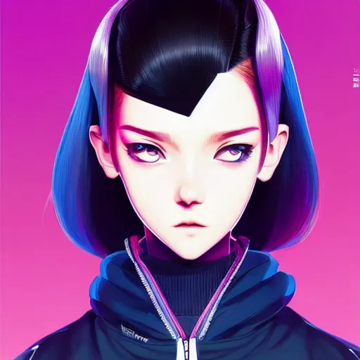 Prompt: poster woman with futuristic streetwear and hairstyle, open jacket, cute face, symmetrical face, pretty, beautiful, elegant, Anime by Kuvshinov Ilya, Cushart Krentz and Gilleard James, 4k, HDR, Trending on artstation, Behance, Pinterest