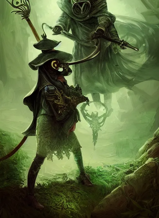 Prompt: a highly detailed illustration of plague doctor mask wearing woman, wielding scythe, surrounded by green mist background, intricate, elegant, highly detailed, centered, digital painting, artstation, concept art, smooth, sharp focus, league of legends concept art, WLOP