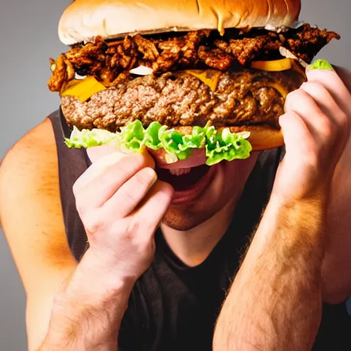 Image similar to a person eating a very very big hamburger that don't even fit in his mouth