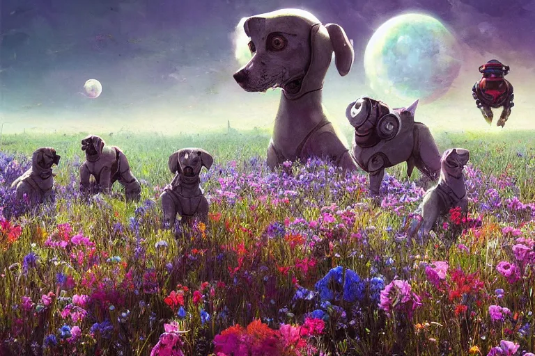 Image similar to robot dogs playing in a field of flowers, blue sky, huge moons by phil foglio and greg rutkowski and james gurney, trending on artstation, hdr, highly detailed