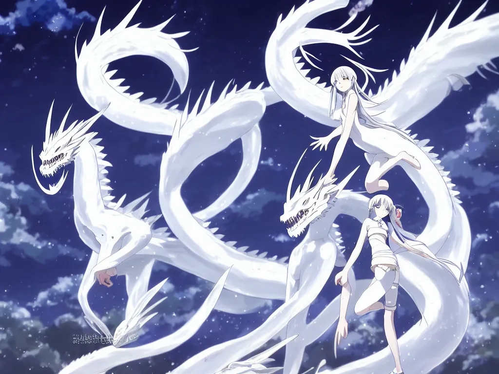 Image similar to anime art full body portrait character concept art, be surrounded by a huge silver white dragon center, in white clouds fairyland, anime key visual of white dragon and girl, finely detailed perfect face delicate, distant, style of raphael lacoste, trending on pixiv fanbox, james jean, studio ghibli, xision, extremely high quality artwork