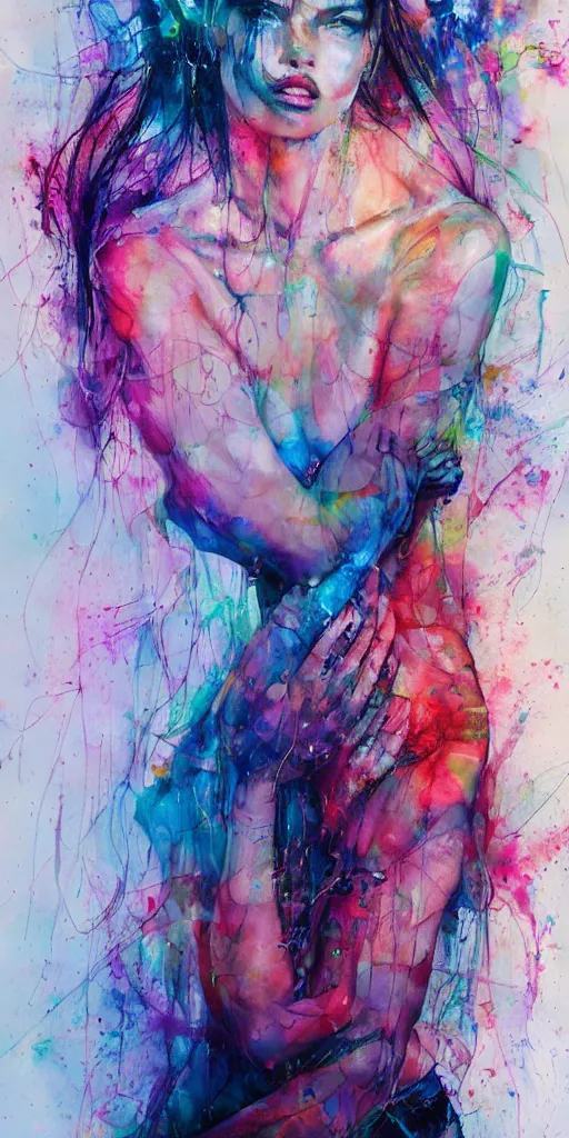 Image similar to adriana lima by agnes cecile enki bilal moebius, intricated details, sitting on a stool, full body portrait, extremely luminous bright design, pastel colours, drips, autumn lights