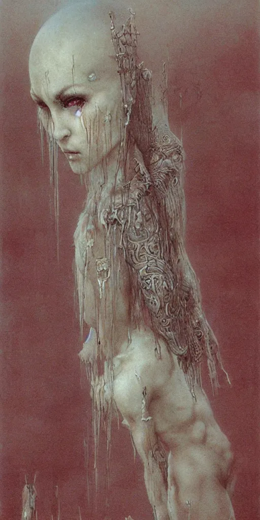 Image similar to bald barbarian girl by Beksinski and Luis Royo