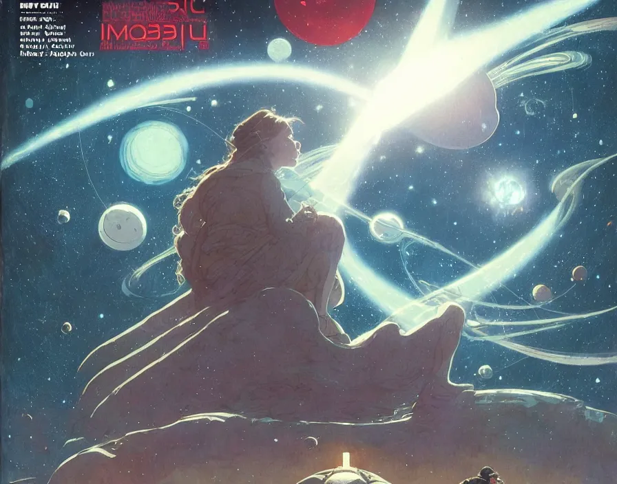 Image similar to illustrated by moebius and greg rutkowski, romantic!!! space scene!! with standing young girl!!!!, orbit of earth!, futuristic orbital station!!!!, nebulae!!, starry sky!!, rule of third!!!!, vintage cover of sci - fi magazine, cinematic!!