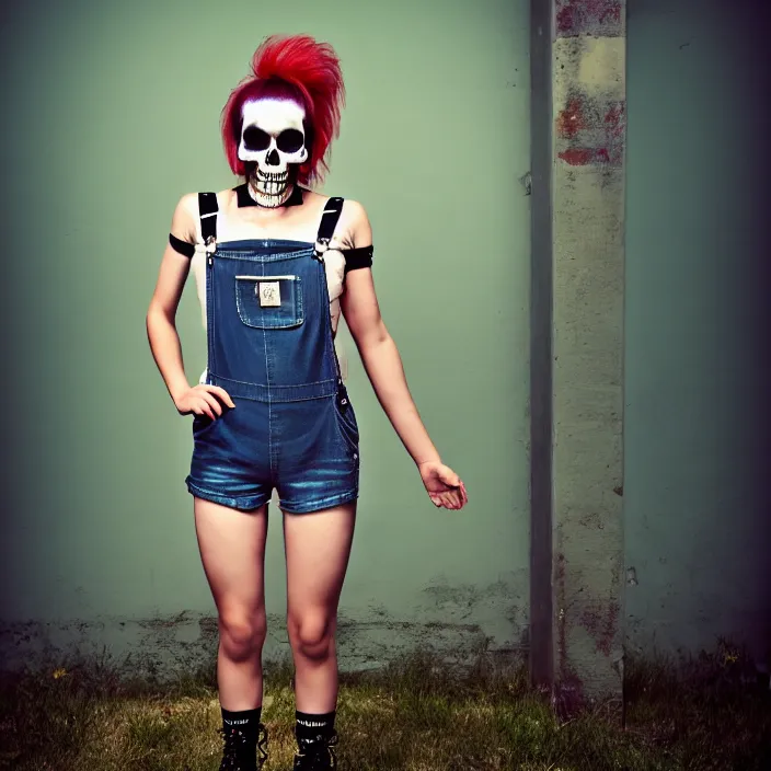 Prompt: fully body pose, photo of a very beautiful!! skull woman, overalls, short shorts, fishnets, combat boots, 8 k, hdr, smooth, sharp focus, high resolution, award - winning photo, trending on artstation, dslr, 5 0 mm