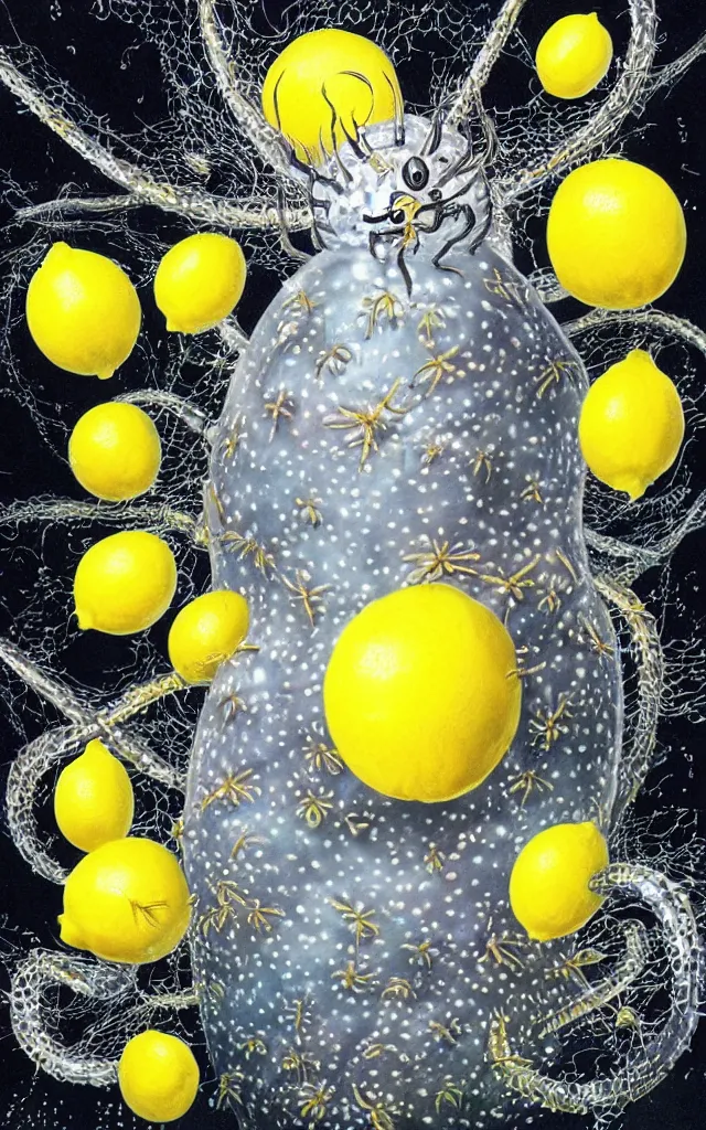 Prompt: big lemon surrounded by giant airbrushed spiders glimmering and drips of water, black background, airbrush fantasy 80s, masterpiece album cover