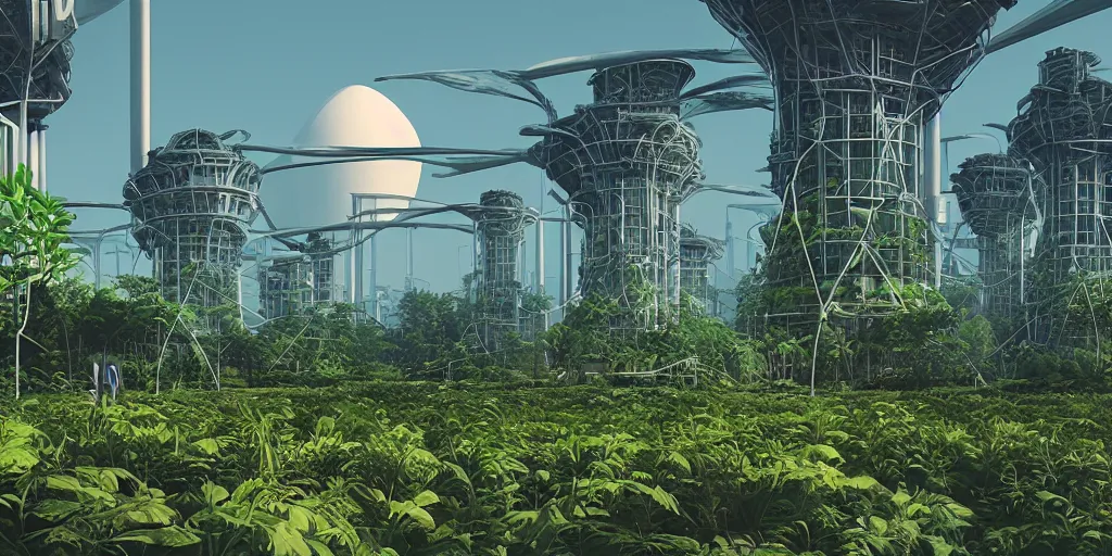 Image similar to giant solarpunk power station, sci - fi, plants, greenery, digital art by beeple