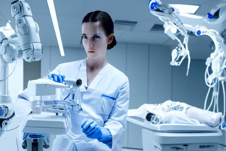 Image similar to promotional image from a sci - fi movie, a cyborg girl dressed in white on an operation table in a lab, soft blue light, robot surgeon, medical equipment, 8 k, very detailed face, movie still frame, promotional image, imax 7 0 mm footage