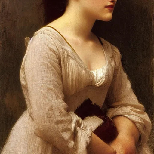 Image similar to Portrait of Florence Pugh, by William Adolphe Bouguereau, John Singer Sargent, Vermeer, serene