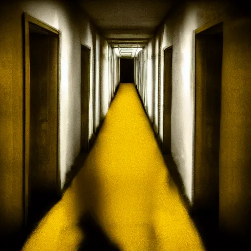 Image similar to danny devitio standing at the bottom of a dark corridor in the backrooms. staring at the camera. scary. horror. liminal space. yellow. desaturated.