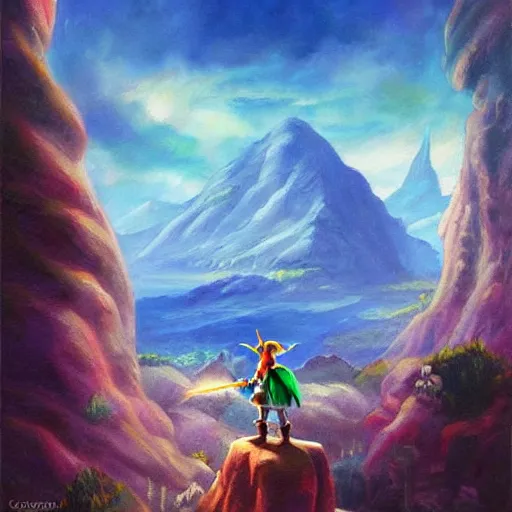 Image similar to zelda ocarina of time landscape, oil painting, beautiful, disney, pixar, artgerm