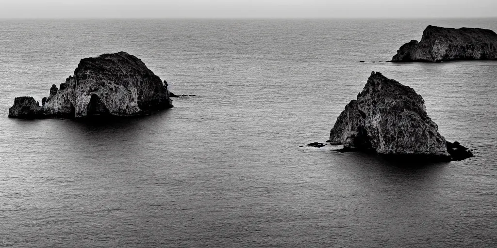 Prompt: black and white crystal cliffs surrounding an island, viewed from the ocean, high quality digital art,