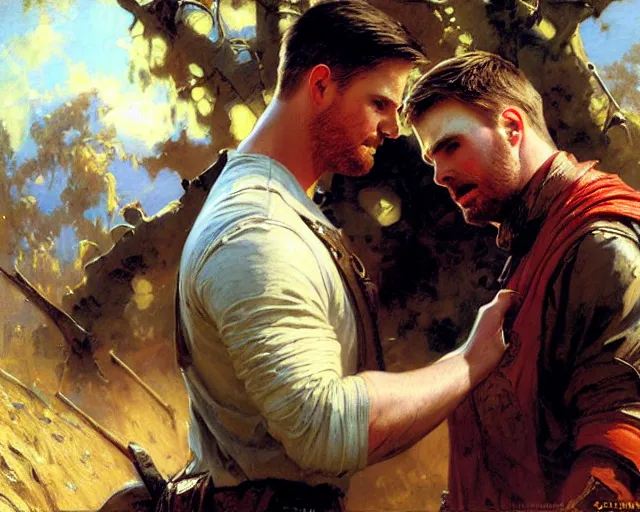 Prompt: stephen amell comforting chris evans, painting by gaston bussiere, craig mullins, j. c. leyendecker