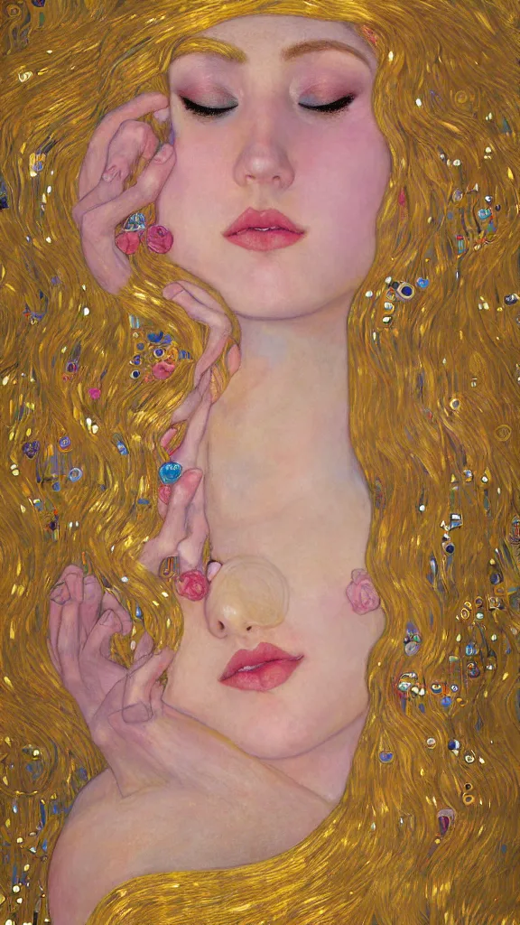 Image similar to a soft and breathtaking detailed painting of a full body sleeping blonde princess in the style of Gustav Klimt, blonde hair, shiny gold, elegant, highly detailed, artstation, fluo colors, concept art, matte, sharp focus, art by Gustav Klimt