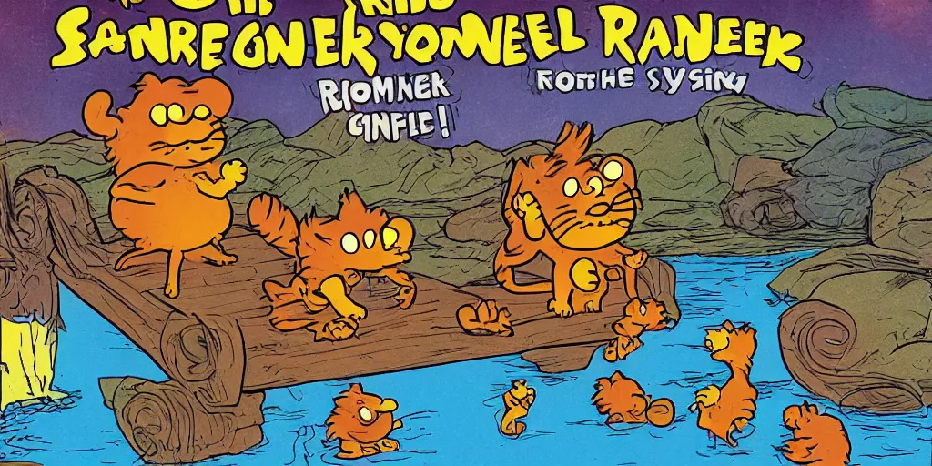 Image similar to garfield comic, garfield crosses the river styx