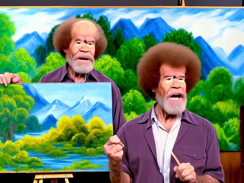 Image similar to old!!!! bob ross is sad and angry and yelling!!! at a huge painting of nature by bob ross