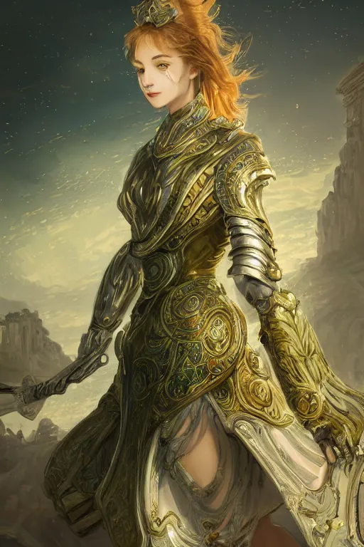 Image similar to portrait knights of Zodiac girl, metalic green and white reflected armor, in ruined Agora of Athens sunrise, ssci-fi, fantasy, intricate, very very beautiful, elegant, golden light, highly detailed, digital painting, artstation, concept art, smooth, sharp focus, illustration, art by tian zi and WLOP and alphonse mucha