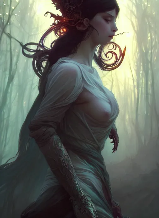 Image similar to a cinematic Necromancer, fantasy forest landscape, fantasy magic, dark light night, intricate, elegant, sharp focus, illustration, highly detailed, digital painting, concept art, matte, art by WLOP and Artgerm and Greg Rutkowski and Alphonse Mucha, masterpiece