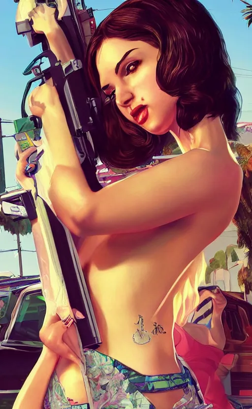 Prompt: A dream girl in the GTA 5 cover, highly detailed award-winning masterpiece with incredible and beautiful details, trending on ArtStation
