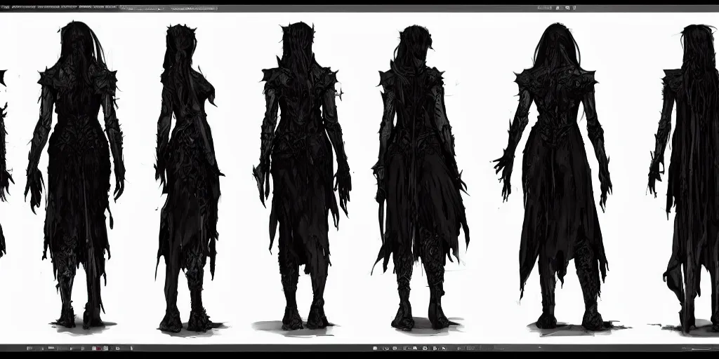 Image similar to gothic character back view and side view detail designs, Milo Manara, Greg Rutkowski, character sheet, Darek Zabrocki, Karlkka, Jayison Devadas, Phuoc Quan, trending on Artstation, 8K, ultra wide angle, pincushion lens effect