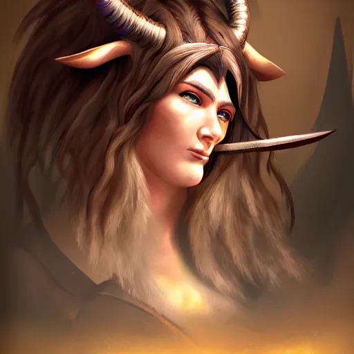 Prompt: fantasy portrait of a kind female Minotaur warrior, concept art, soft lighting