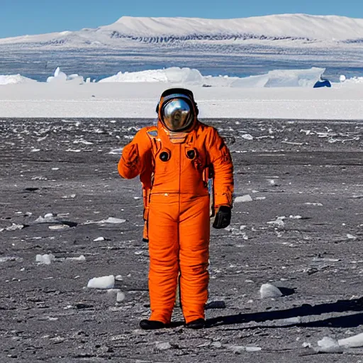 Prompt: man in orange polar astronaut suit standing in the arctic