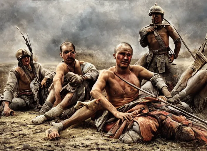 Image similar to after the battle, the warriors take their rest, art by denys tsiperko and bogdan rezunenko, hyperrealism