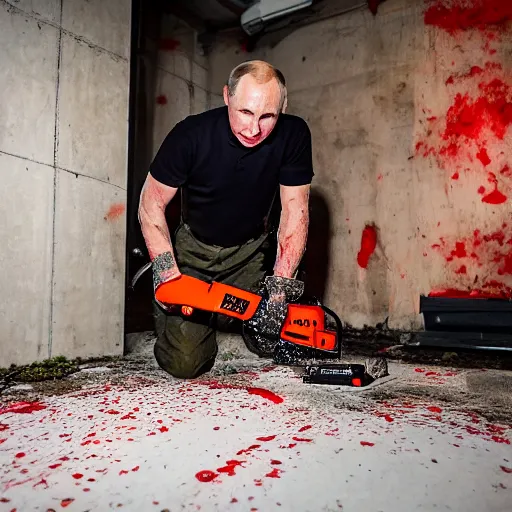 Image similar to putin with a chainsaw and a corpse. in a concrete bunker. focus on putins face with blood splatters. canon eos r 3, f / 1. 4, iso 1 6 0 0, 1 / 8 0 s, 8 k, raw, grainy