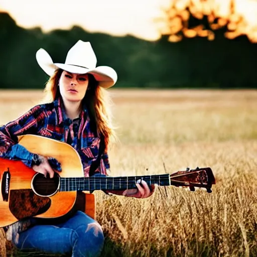 Image similar to a female fox animal, wearing cowboy hat, wearing plaid shirt, playing guitar, in a field, barn in background, album cover style