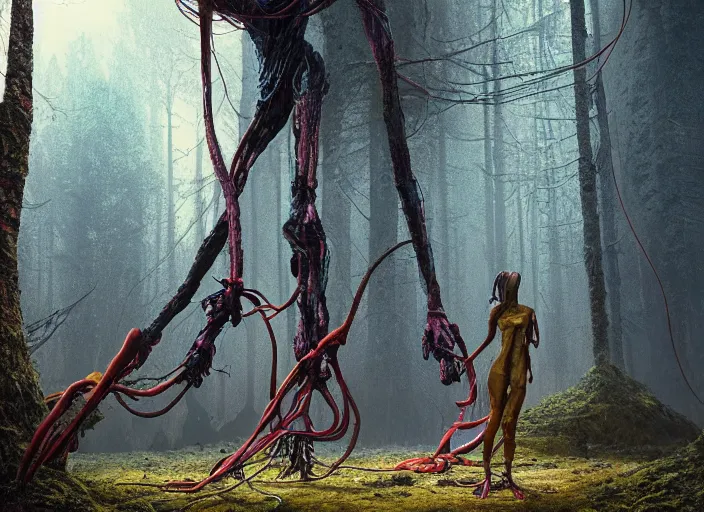 Image similar to rgb, woman, woods, on an alien planet, movie scene, inspired by zdzislaw beksinski, clothes made out of veins,, cables everywhere, bedroom, ultra realistic, concept art, intricate details, highly detailed, photorealistic, octane render, 8 k