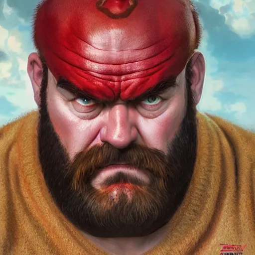 Image similar to david koechner as zangief from street fighter, ultra realistic, concept art, intricate details, eerie, highly detailed, photorealistic, octane render, 8 k, unreal engine. art by artgerm and greg rutkowski and magali villeneuve and alphonse mucha