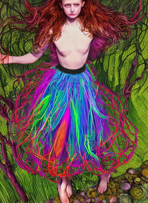 Prompt: surrealism psychedelic full body portrait sketch of thomasin mckenzie as delirium of the endless in fishnet top and rainbow tutu skirt from the sandman, floating goldfish, green and blue eye heterochromia by alex ross, josh kirby, detailed, elegant, intricate