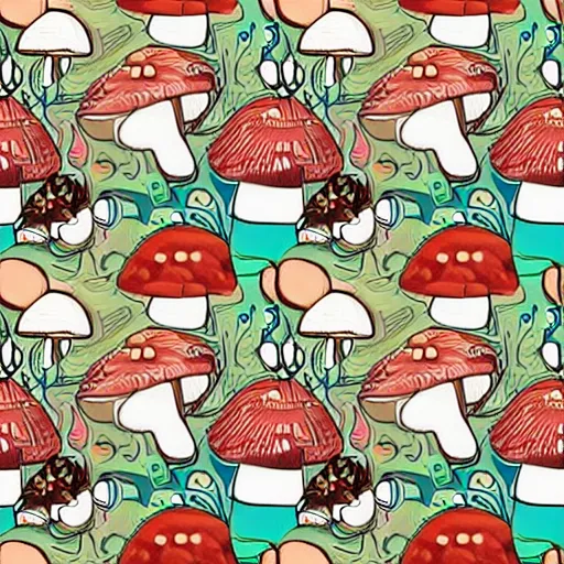 Image similar to macro photo with a mushroom characters and mycelium, very close to real nature, natural colors and natural surroundings, painted patterns and coloring on mushrooms, seamless fabric pattern 8K, highly detailed, cartoon